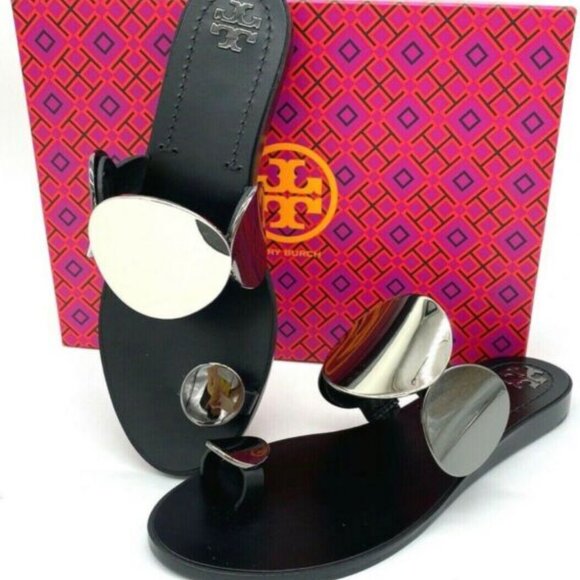TORY BURCH  $348 Patos Multi-Disk Sandal Black Two Tone Metal Silver - Picture 13 of 13